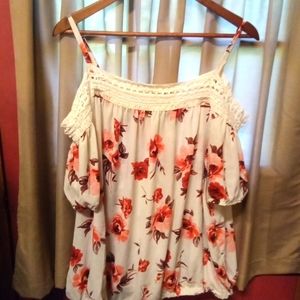 Torrid Floral Blouse with Crochet Detail - Red and White